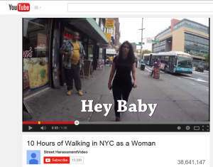 A women with jeans and a crew neck walked around various parts of Manhattan, for 10 hours. More then 100 times she was verbally harassed by male strangers. The video is able to compile only a few of the instances. Photo is screenshot.