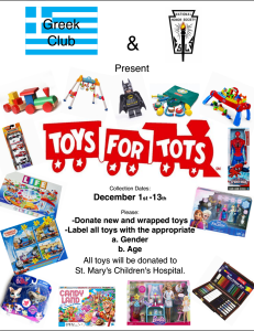 From December 1st to December 13th students will be able to donate wrapped toys to St. Mary’s Children’s Hospital. The National Honor Society and the Greek Club will be hosting this drive. If you are willing to support the cause there are places at the front door and entrance of the school to drop off any toys or merchandise to help support it. Photo by Laina Vitarelli