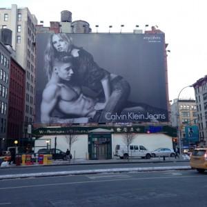 One of the huge billboards of the Spring 2015 Calvin Klein ad campaign, with Justin Bieber and model Lara Stone. Bieber is now not only a singer but a model. Picture taken from twitter from user xoyunise.