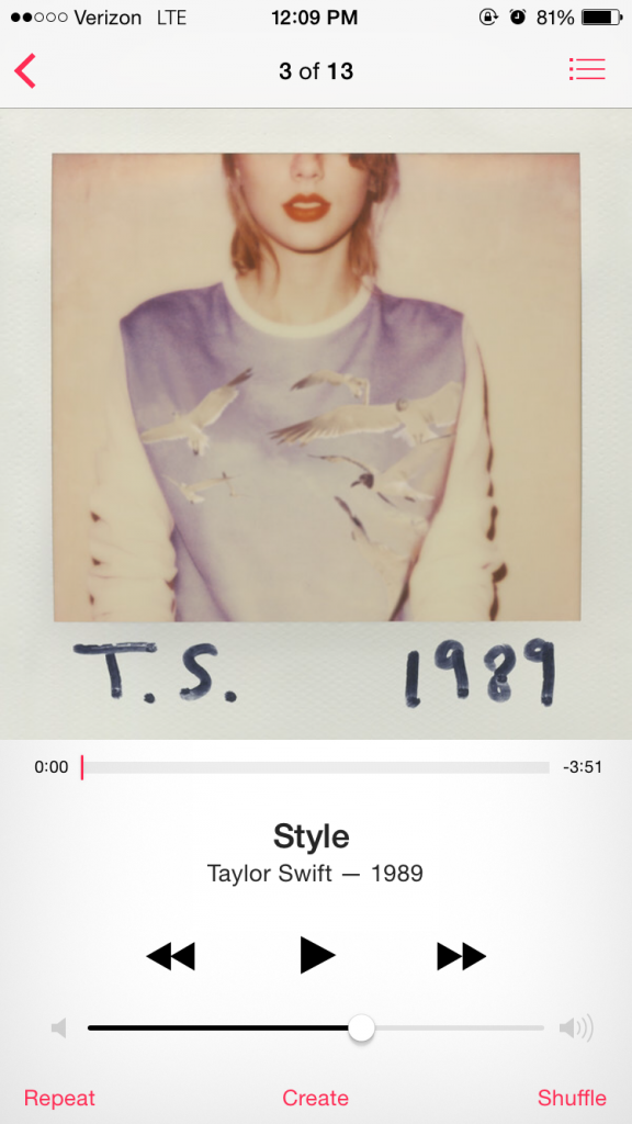 Style is a Miami-Vice inspired track which is the 3rd song on 1989, which compares fashion trends that never go out of style to feelings that never go out of style. This song takes away from the idea of late-80s pop, with a sense of a 70s groove tune. Picture is a screenshot.
