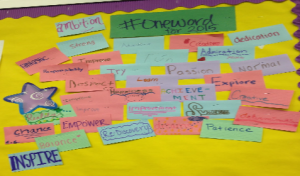     Students in Ms.Sacksteins class each add their contribution for #oneword onto the bulletin board. Picture by Gabriella Grimando.
