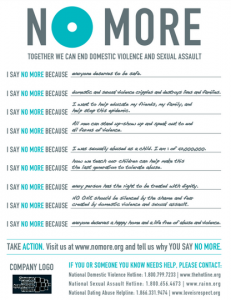 No More is an organization which gives people all across the globe the opportunity to take the pledge to say no more to domestic violence and physical assault. Photo taken from the No More Toolkit.