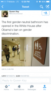 : Gender-neutral bathrooms has opened in the white house after Obama's ban on gender. Gender-neutral bathrooms have been becoming more common in order to show the acceptance and support of lesbians, gays, bisexuals, and transgenders. Picture is a tweet.