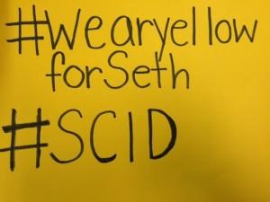 Seth was born without an immune system. It is a genetic disease called Severe Combined Immunodeficiency (SCID), also known as bubble boy disease. To support and raise awareness of this disease the parents set up something called wear yellow for seth. People who wanted to support Seth wore yellow on March 27, 2015. #Whereyellowforseth #SCID 