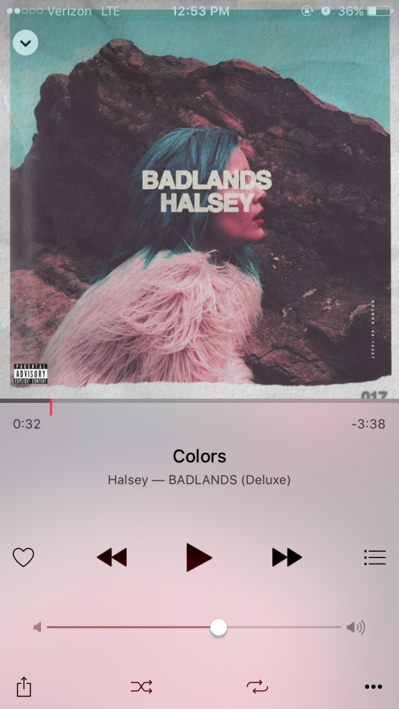 The first half of Halseys debut album, Badlands, simply just introduced her journey in the music industry and through love. With songs like Castle, New Americana, and Colors, Halsey expresses her feelings about these wide variety of topics through emotional and icy lyrics. Picture is a screenshot. 