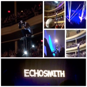 Top left corner: video of Tyler Joseph singing car radio after climbing on top of a column. Top second to right: photo of Tyler Joseph standing on top of a column with his signature black mask. Top right corner: photo of the lights beaming while the band Twenty-One Pilot entered. Bottom second to right : photo of Josh Dun the drummer. Bottom right corner: photo of Tyler Joseph standing on top of a column with his signature black mask. Bottom: photo of Echosmiths light, which was the opening band for Twenty-One Pilot. Photo credits to Hannah Zeitner and Nicole Kuilyev. 