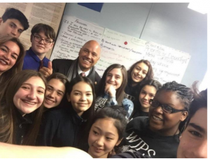 Councilmen Paul Vallone came to visit the student law court on April 5th. He helped them to come up with better ways to convince people, why the student metrocard needed an update and also helped editing the surveys. Picture by Nancy Pulos.