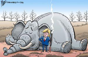 Trump standing over the GOP Elephant.
