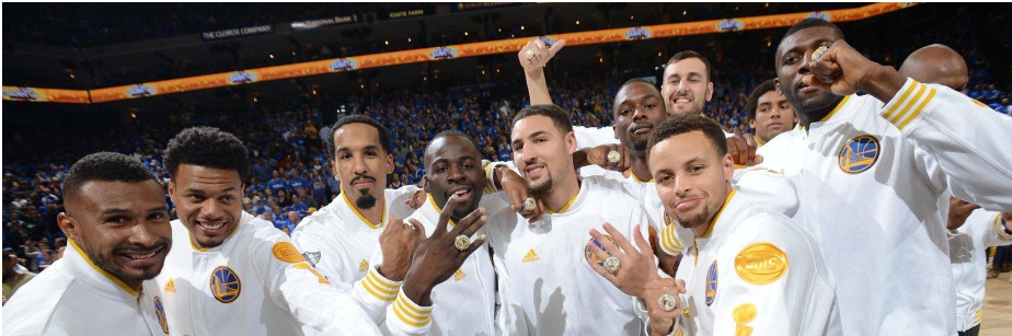 On  Sunday, April 10, 7:00 PM EST, Golden State Warriors beat the San Antonio Spurs after tying with the Chicago Bulls in the previous game. Photo attributed to @GoldenStateWarriors official Twitter. 
