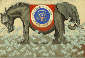 Democrat (Donkey) and Republican (Elephant), the two most funded and powerful parties in the United States.