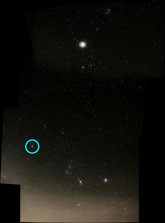 The star circled in neon blue is Betelgeuse. Photo attribution to Thomas Bresson on Flickr.