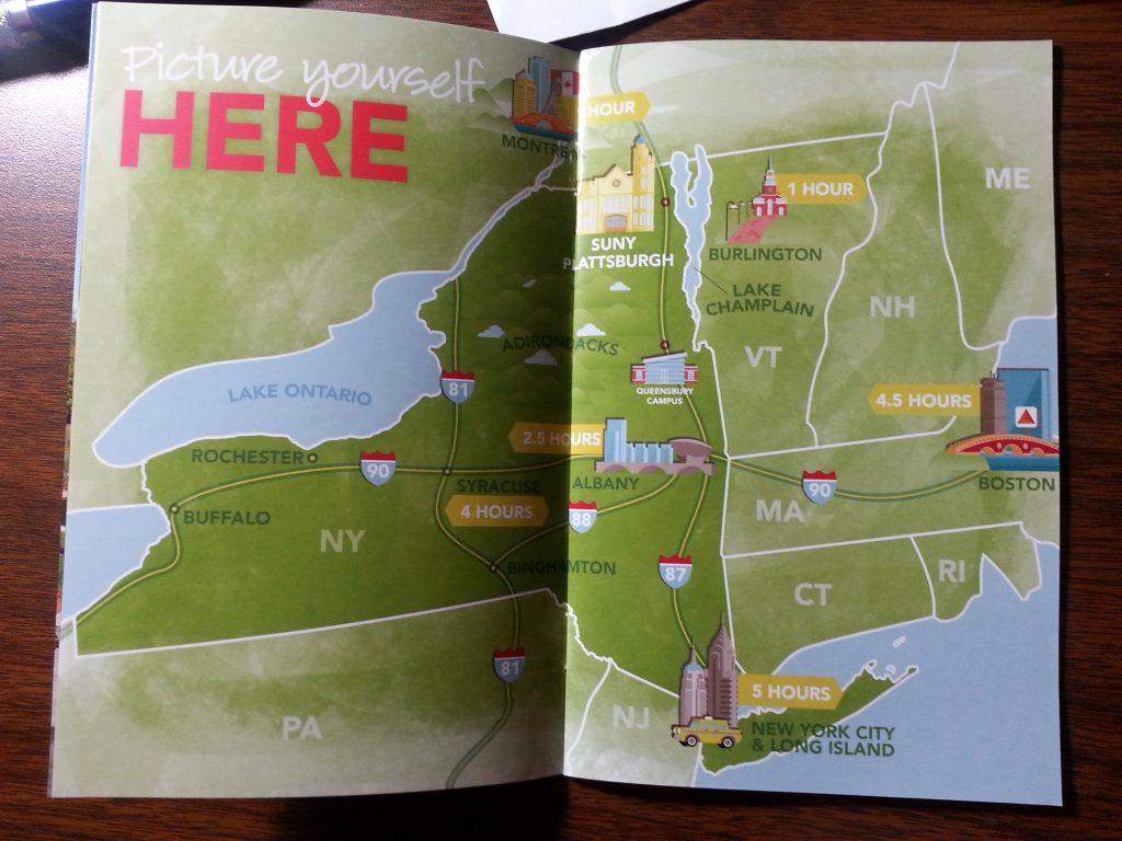 Map of Plattsburgh provided in Plattsburgh booklet given at the information session. Photo attribution to Kay Kim. 