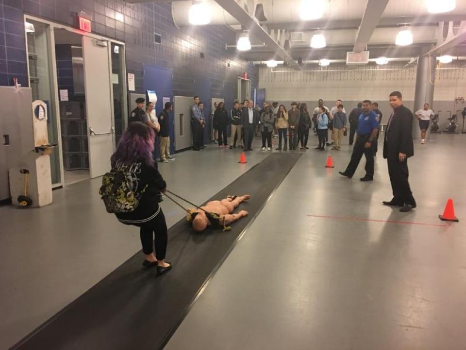 High school ambassadors visited the New York City Police Academy to experience the background and profession of what it takes to become a NYPD police officer. Photo attribution to Paul Vallone’s assistant.