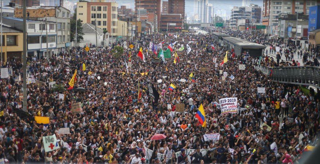 A panoramic view of the people who went to the protest of the national strike in the city of Bogota, Colombia, on 21 November 2019. (Photo by Daniel Garzon Herazo/NurPhoto via Getty Images)