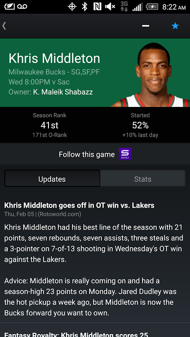  
 








Khris Middleton has become the top player to own on Milwaukee. He consistently has a great line every time he plays. He is Fantasy Royalty. Photo is screenshot.