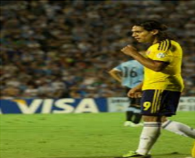 Radamel Falcao playing for the colombian international team. He is credited for most of the goals made. He plays well for the colombian team but loses his touch again when he plays for manchester united. Picture is from public domain