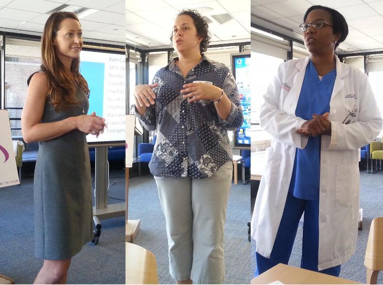 Members of Choices Women’s Medical Center (left) and Hetrick-Martin Institute (middle), and Dr. Lynn Holden (right) educate young women in their diverse subjects. Photo attribution to Kay Kim.