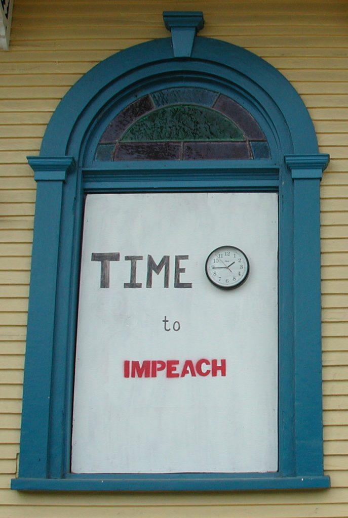 Protest poster reading "Time to Impeach" with a picture of a clock